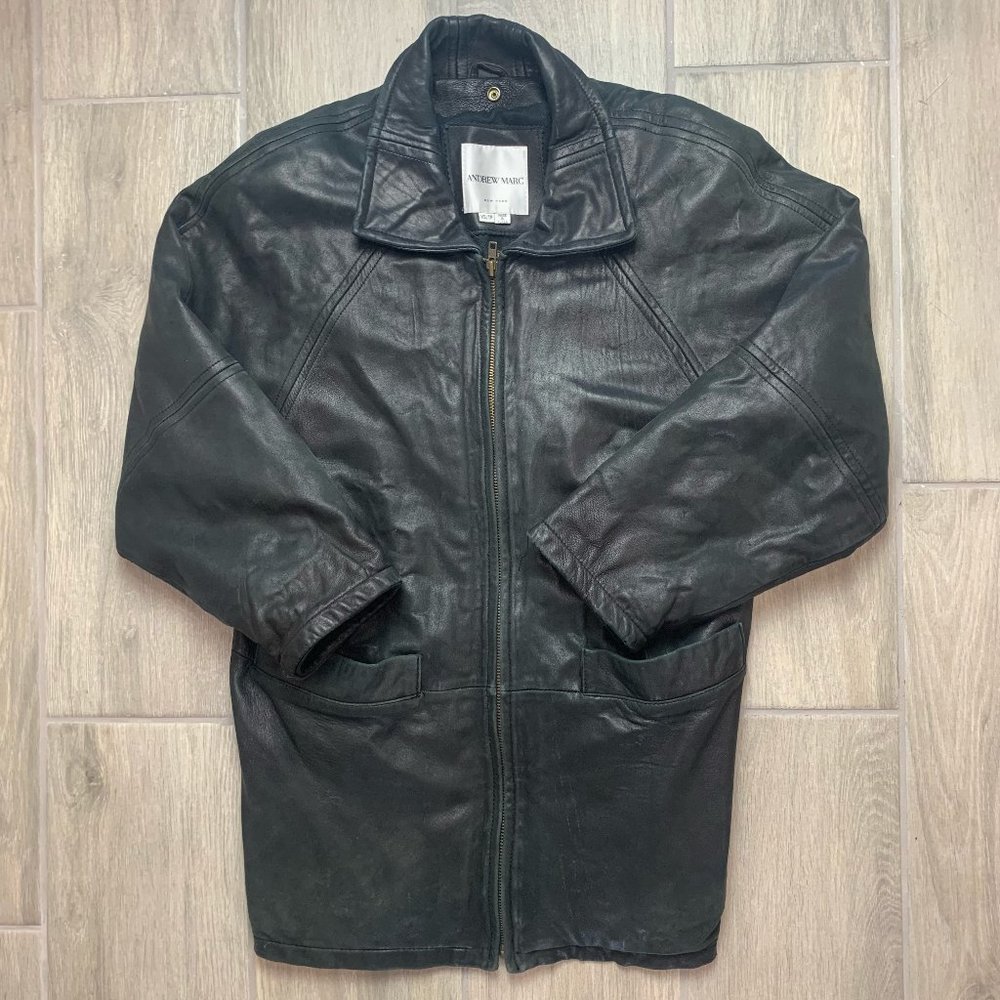 Andrew Marc New York Mens Black Leather Jacket Full Zip Lined Size XS Coat